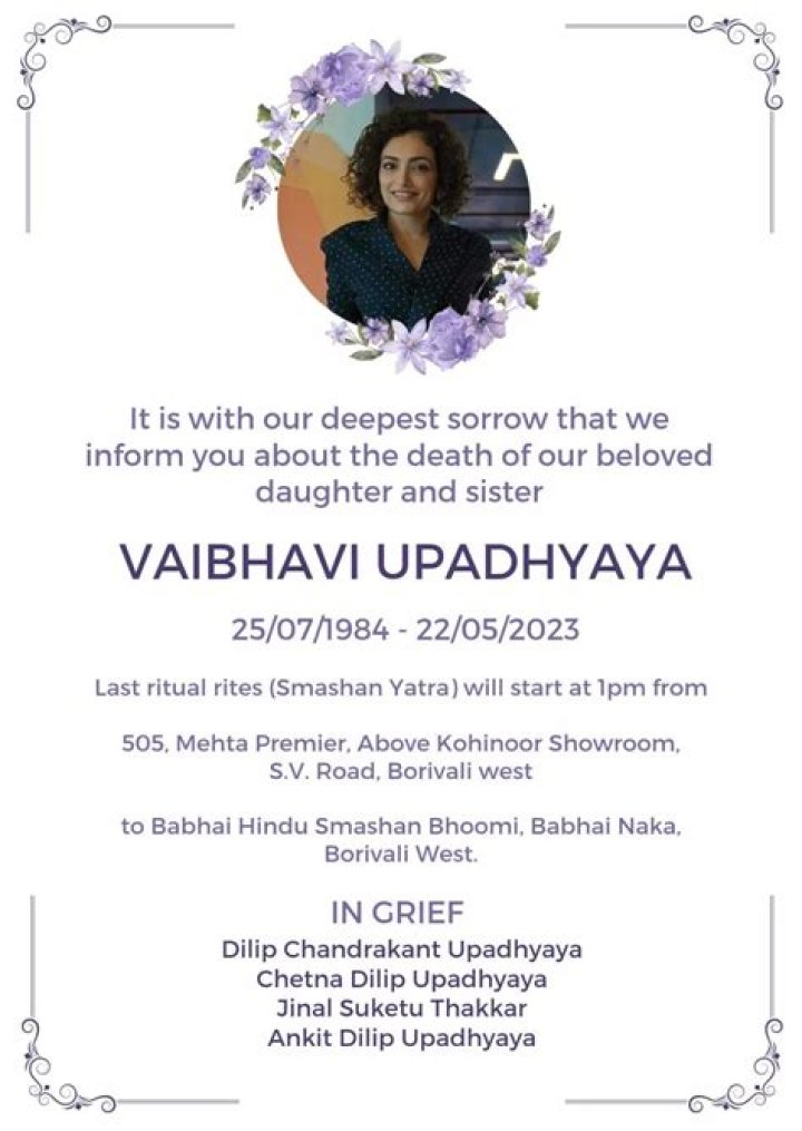 Vaibhavi Upadhyay’s Obituary: How Did She Die? Cause Of Death Explained